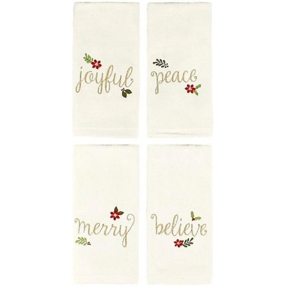 Christmas Fingertip Towels Embroidered Joyful Peace Merry Believe 11x18 Set of 4
